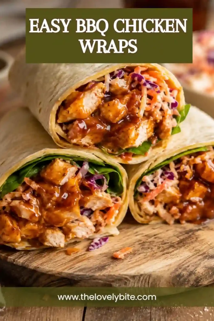 Homemade BBQ Chicken Wrap sliced in half to reveal juicy chicken, crunchy cabbage slaw, carrots, and spinach inside a warm tortilla.