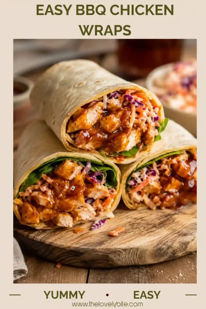 BBQ Chicken Wraps filled with smoky barbecue chicken, creamy coleslaw, fresh spinach, and wrapped in soft flour tortillas. A delicious homemade lunch or dinner recipe.