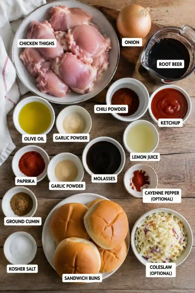 A juicy BBQ pulled chicken sandwich made with shredded grilled chicken, homemade root beer BBQ sauce, and fresh coleslaw on a toasted bun. This hearty sandwich is perfect for summer cookouts and family dinners.