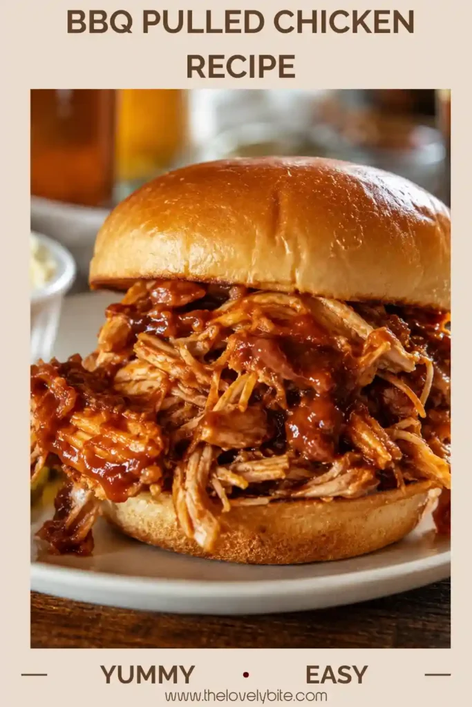 Close-up of a pulled chicken sandwich filled with smoky barbecue chicken and creamy coleslaw. This easy BBQ Pulled Chicken Recipe is perfect for casual meals and gatherings.