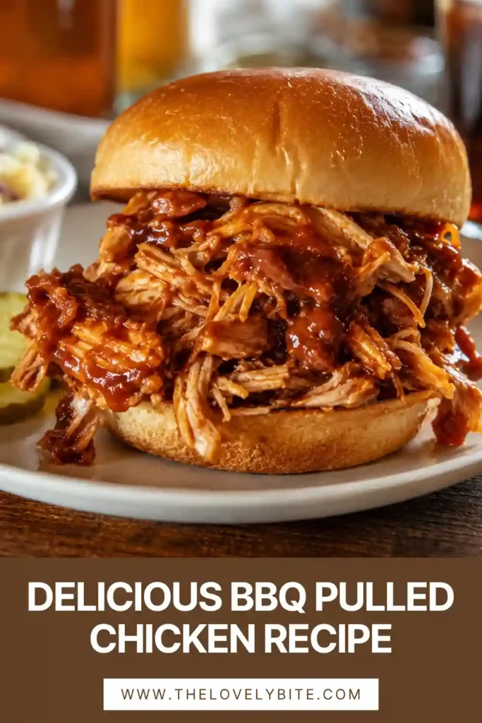 Homemade BBQ pulled chicken served on toasted sandwich buns with sweet and tangy root beer BBQ sauce. A comforting American-style chicken sandwich recipe.