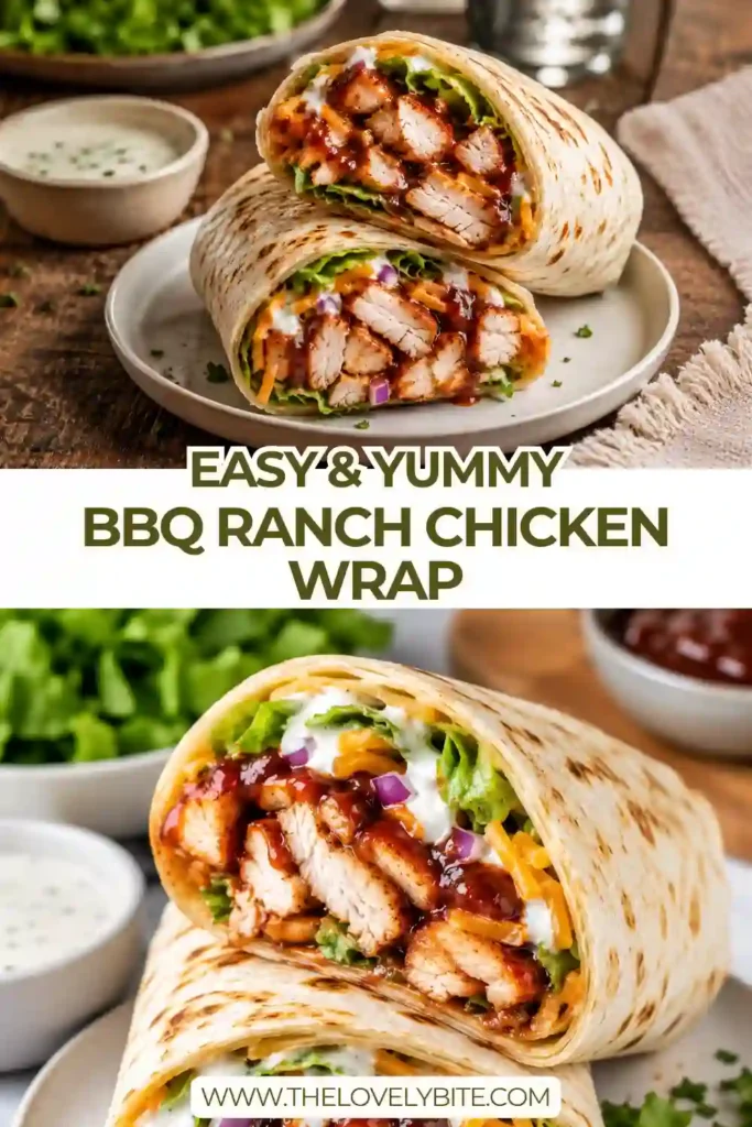 Homemade BBQ Ranch Chicken Wrap packed with juicy chicken, crisp vegetables, creamy avocado, shredded cheese, and smoky BBQ ranch sauce. A quick and satisfying lunch recipe.