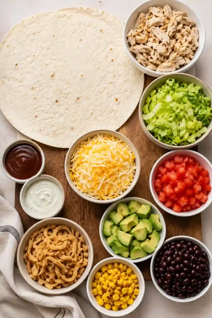 A freshly made BBQ Ranch Chicken Wrap filled with shredded chicken, lettuce, tomatoes, avocado, cheese, black beans, grilled corn, BBQ sauce, and ranch dressing. The wrap is sliced in half to showcase its colorful filling.