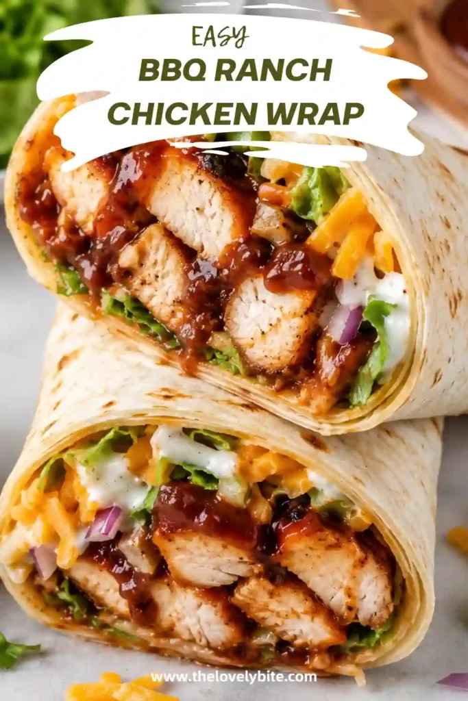 Delicious grilled chicken wrap featuring BBQ sauce, ranch dressing, fresh vegetables, black beans, and grilled corn wrapped inside a soft tortilla. Perfect for an easy family meal.