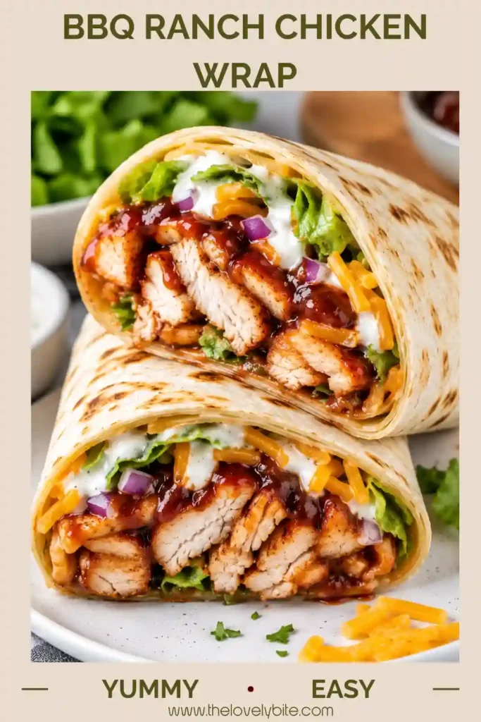 Easy BBQ Ranch Chicken Wrap served fresh with colorful vegetables, creamy avocado, melted cheese, and tender shredded chicken wrapped in a warm tortilla.