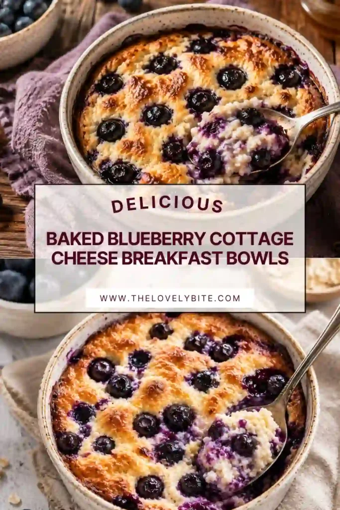 Freshly baked Baked Blueberry Cottage Cheese Breakfast Bowls topped with juicy blueberries in individual glass bowls. This healthy breakfast bowl is rich in protein and perfect for meal prep.