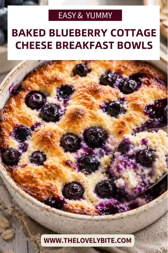 Golden baked cottage cheese breakfast with rolled oats, blueberries, and banana served warm in oven-safe bowls. A wholesome high protein breakfast recipe.