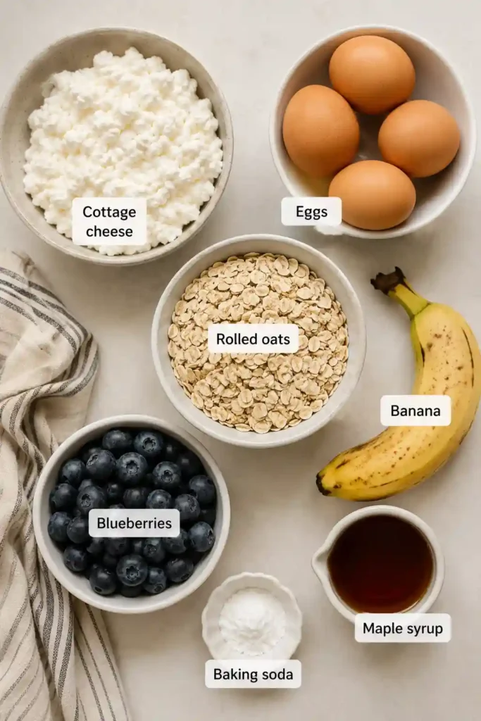 Healthy blueberry breakfast recipe featuring baked cottage cheese oats with naturally sweet banana and maple syrup. A delicious family-friendly breakfast option.