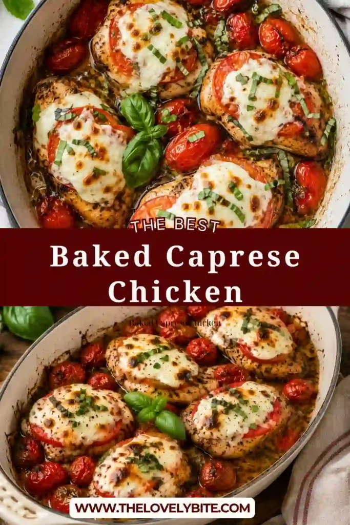 Juicy baked chicken breast covered with creamy mozzarella and fresh tomato slices in a balsamic glaze. This easy baked chicken recipe is colorful, fresh, and family-friendly.