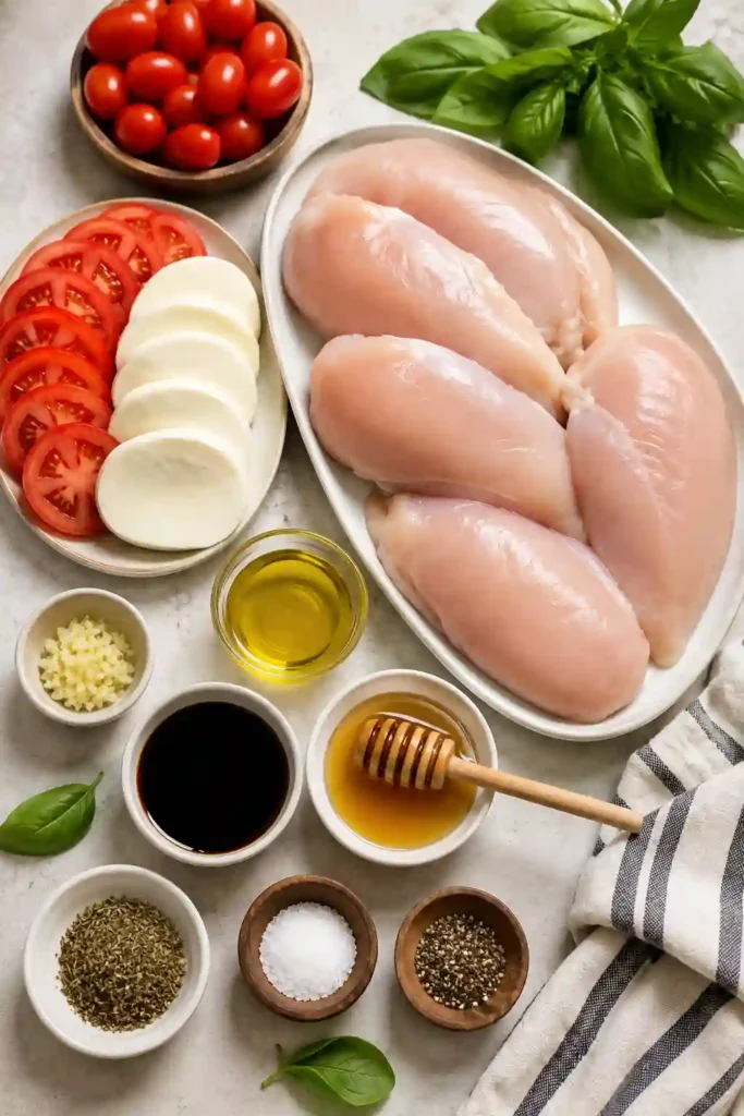 Freshly baked Baked Caprese Chicken topped with melted mozzarella, sliced tomatoes, and chopped basil. A healthy Italian-inspired chicken dinner served warm with roasted tomatoes.