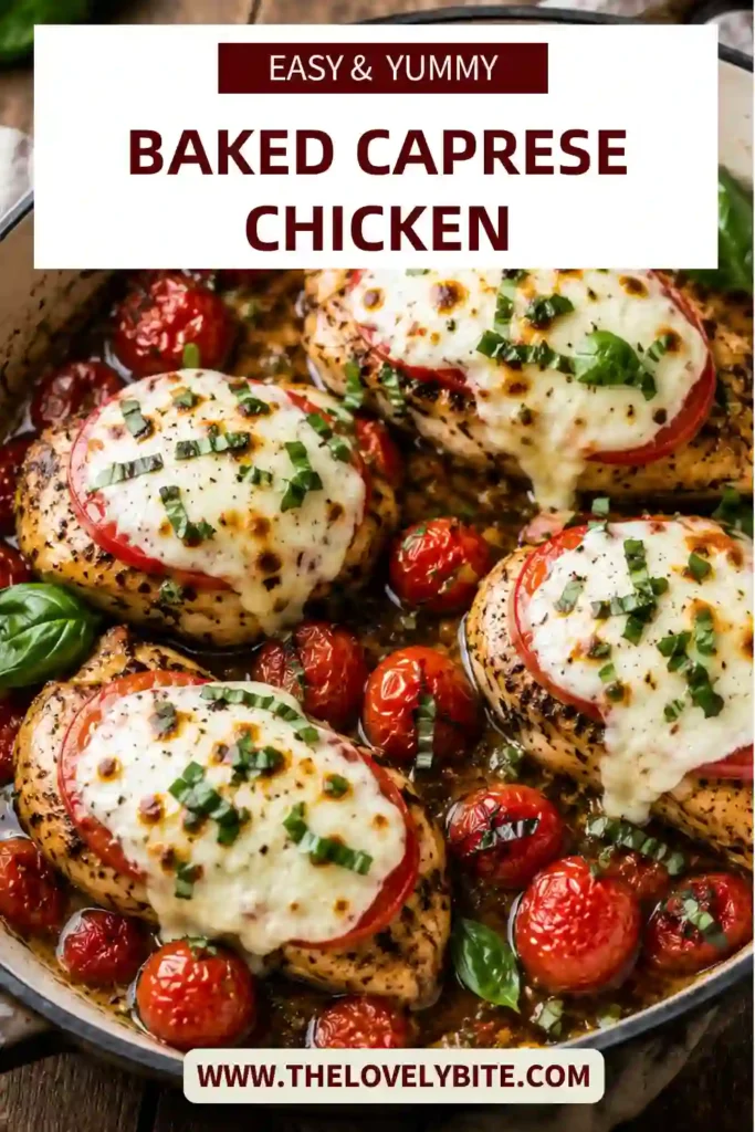 Golden baked chicken with bubbling mozzarella, grape tomatoes, basil, and balsamic sauce. A flavorful Caprese chicken bake perfect for weeknight dinners.
