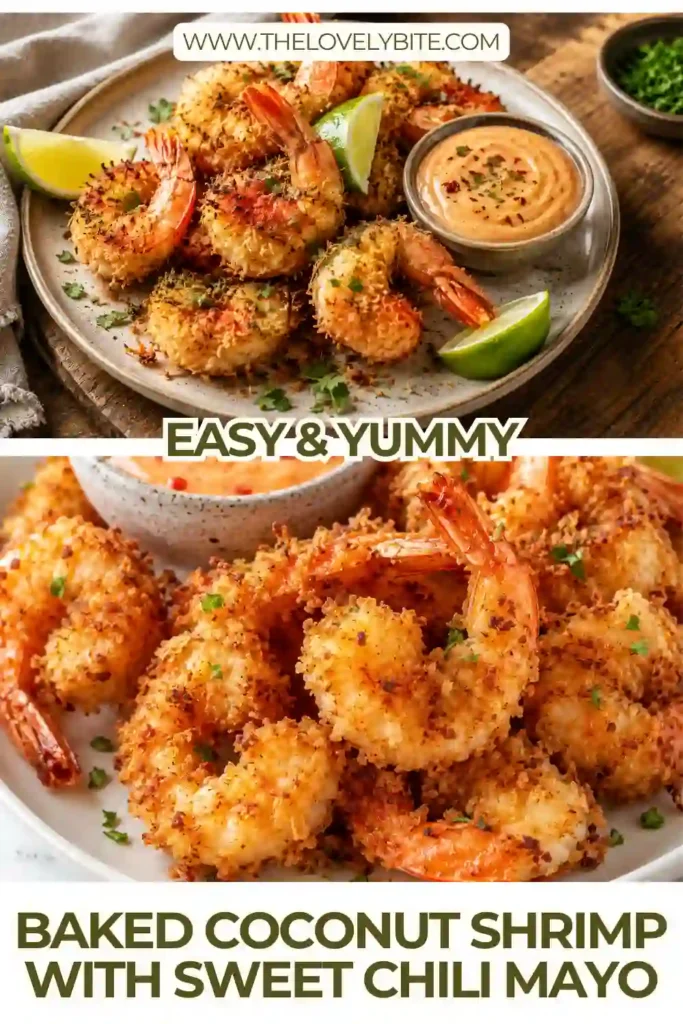 Golden Baked Coconut Shrimp arranged on a serving platter with creamy sweet chili mayo for dipping. The crispy panko coconut coating gives each shrimp a crunchy, oven-baked finish.