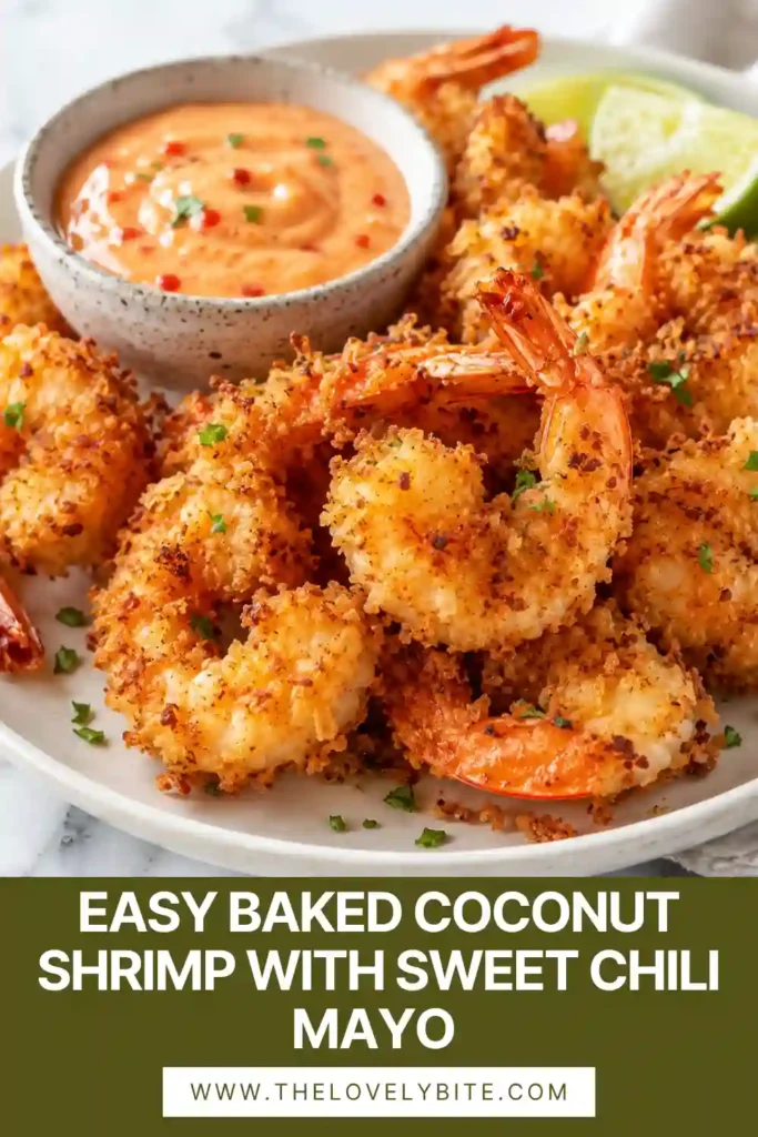 Freshly baked coconut shrimp with a golden crust served alongside lime wedges and sweet chili dipping sauce. This easy coconut shrimp recipe is crunchy and flavorful.
