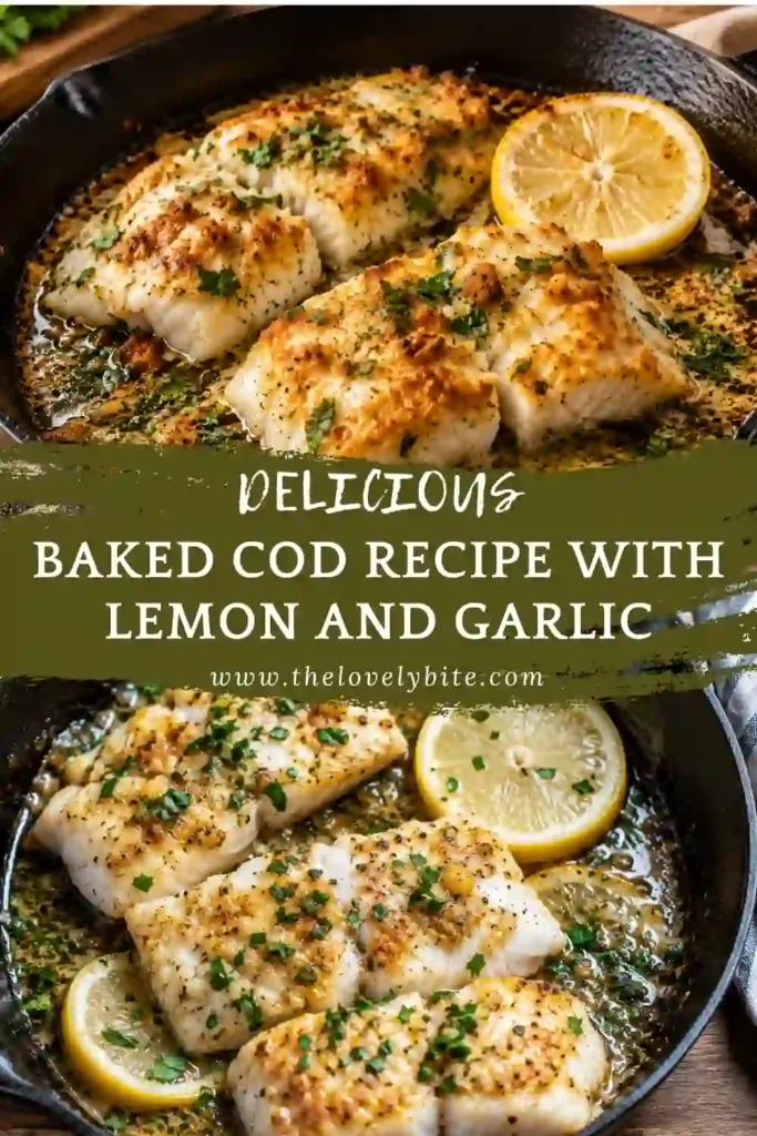 Close-up of oven baked cod with fresh herbs and lemon wedges. A light seafood dinner featuring flaky cod and garlic butter sauce.