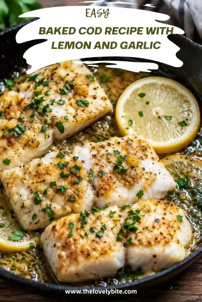 Golden baked cod fillets topped with garlic, fresh parsley, and lemon juice. This easy baked cod recipe is healthy and perfect for dinner.