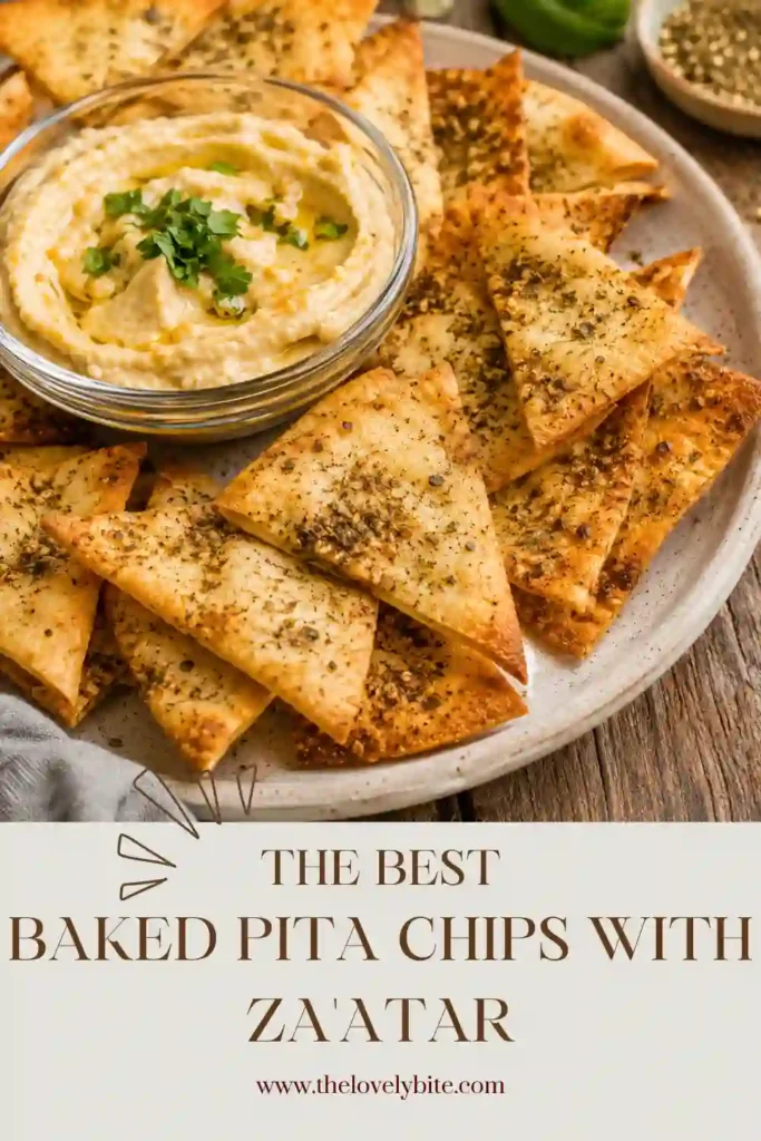 Crispy Baked Pita Chips with Za'atar served with creamy hummus on a rustic platter. An easy oven-baked snack that's both healthy and delicious.