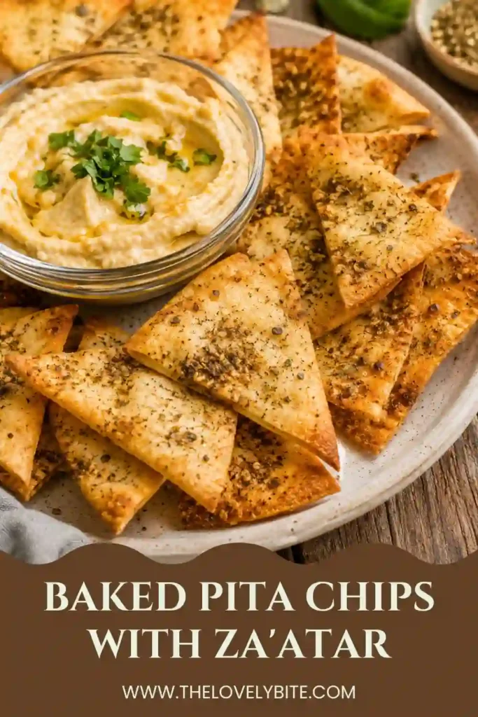 Baked Pita Chips with Za'atar arranged in a serving bowl with crispy golden edges and aromatic Middle Eastern seasoning. A healthy homemade snack perfect for dipping into hummus.