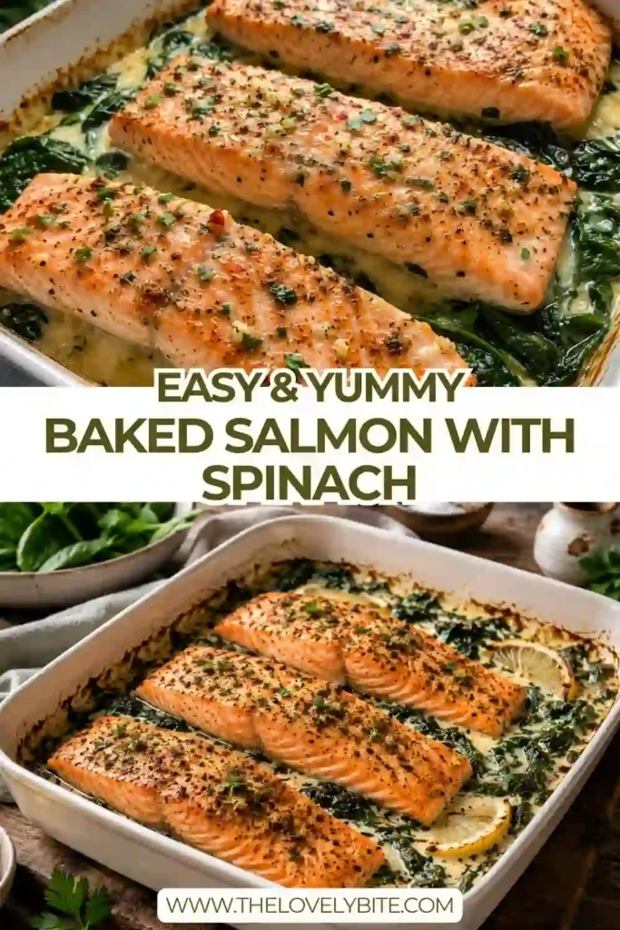 Freshly baked salmon fillets topped with sautéed spinach, melted Parmesan cheese, and lemon. This healthy baked salmon recipe makes a flavorful and nutritious dinner.