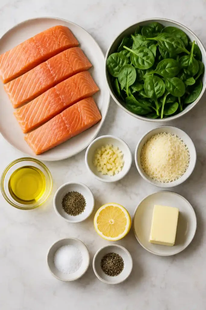 Homemade baked salmon with wilted spinach, garlic, lemon, and Parmesan cheese. A quick and delicious family-friendly seafood recipe.