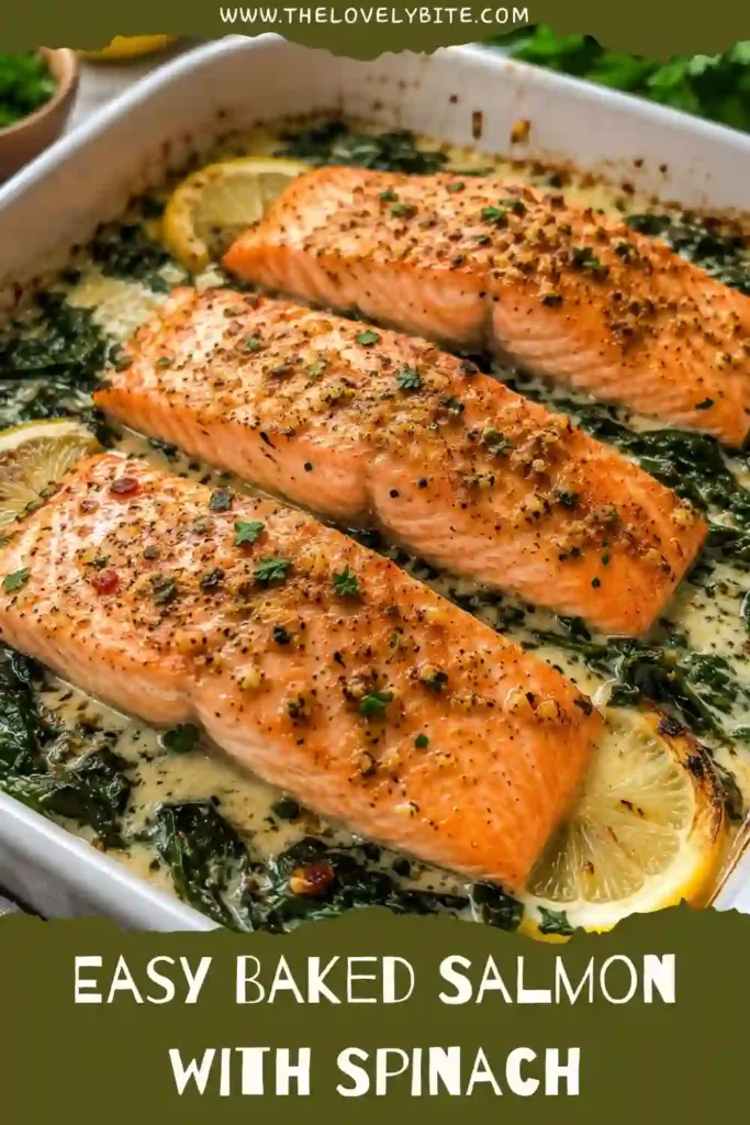 Golden baked salmon served with garlic spinach and fresh lemon. A simple oven-baked seafood recipe that's perfect for an easy weeknight meal.