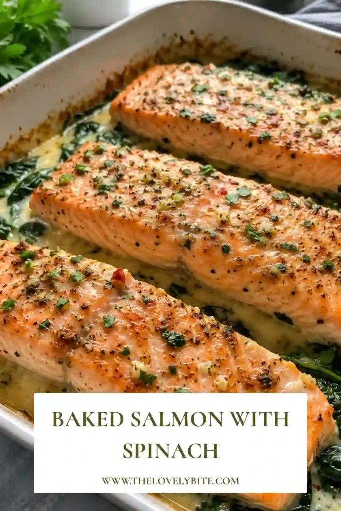 Tender salmon fillets baked with spinach, Parmesan, butter, and herbs on a serving plate. This healthy salmon dinner is rich in protein and full of fresh flavor.