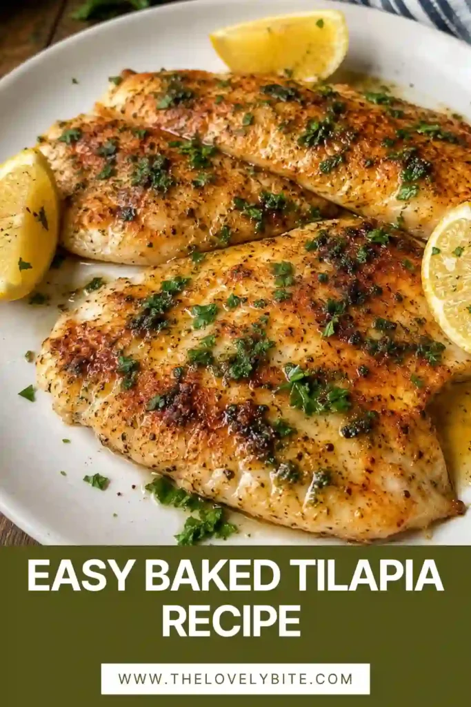 Freshly baked tilapia served with lemon slices and herbs on a white serving platter. The Parmesan crust gives this healthy seafood dinner a delicious golden color and rich flavor.