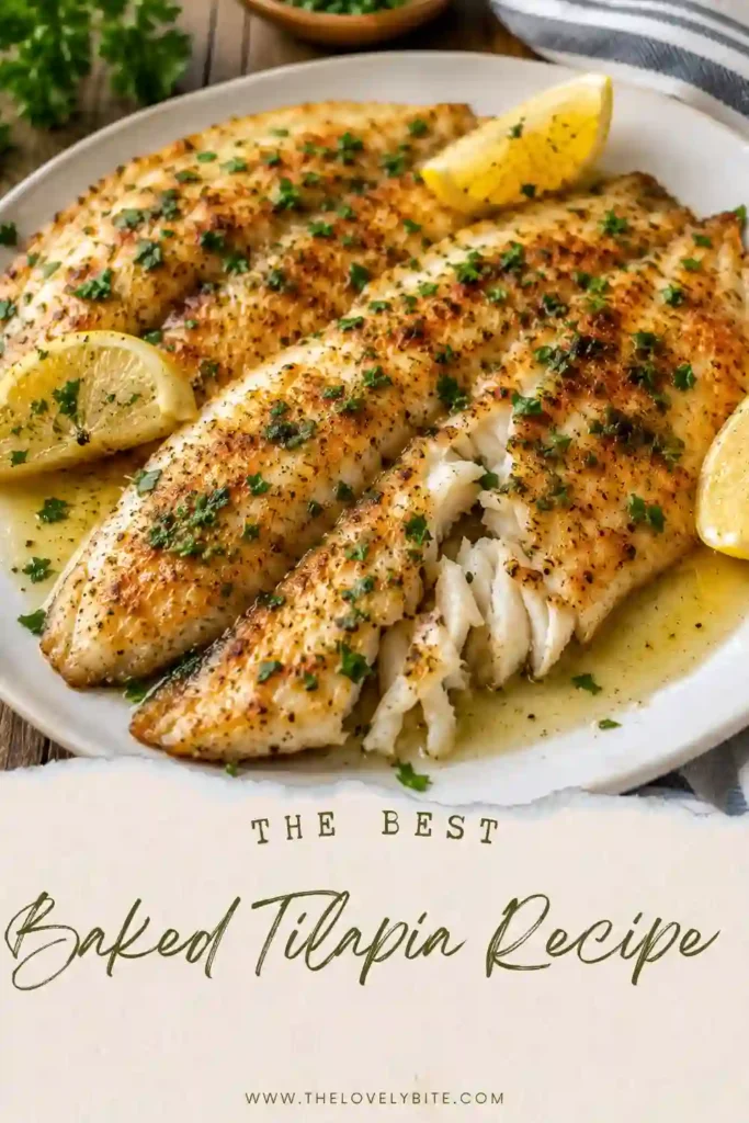 Oven baked tilapia fillets seasoned with garlic, lemon juice, and Parmesan cheese until perfectly flaky. This quick fish recipe makes an easy family dinner packed with fresh flavor.
