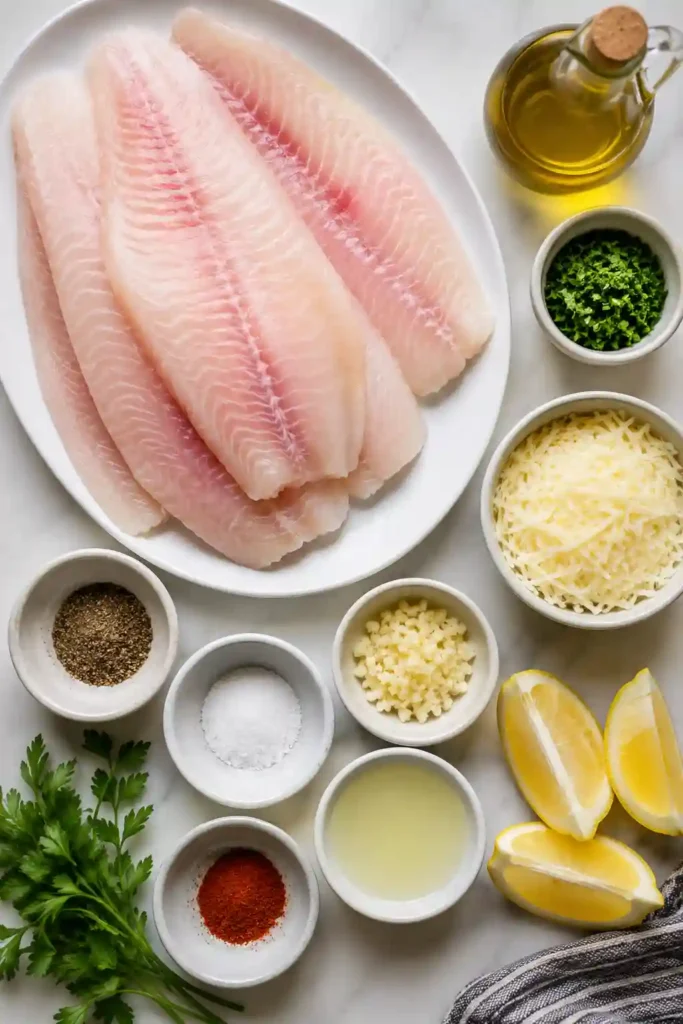 Golden baked tilapia fillets topped with melted Parmesan cheese, fresh parsley, and lemon wedges. This easy baked tilapia recipe creates flaky, tender fish with a crispy, savory finish.
