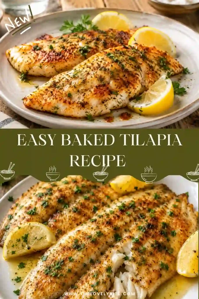 Tender Parmesan baked tilapia garnished with chopped parsley and served with fresh lemon wedges. The fish is juicy, lightly seasoned, and beautifully golden after baking.