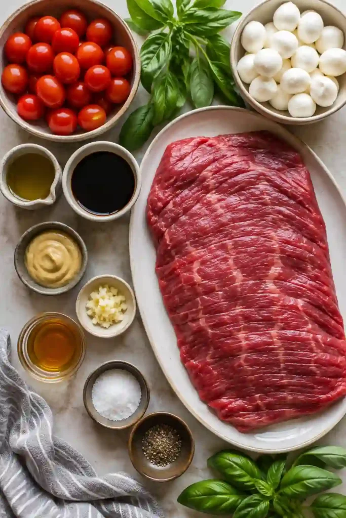 Tender slices of marinated flank steak arranged with blistered tomatoes, fresh basil, and creamy mozzarella on a rustic serving board. Finished with balsamic dressing.