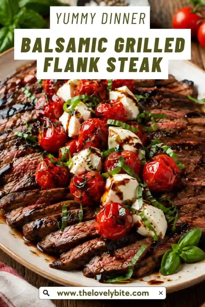 A summer grilling platter featuring Balsamic Grilled Flank Steak sliced against the grain with mozzarella, basil, and tomatoes. Finished with a homemade balsamic dressing.