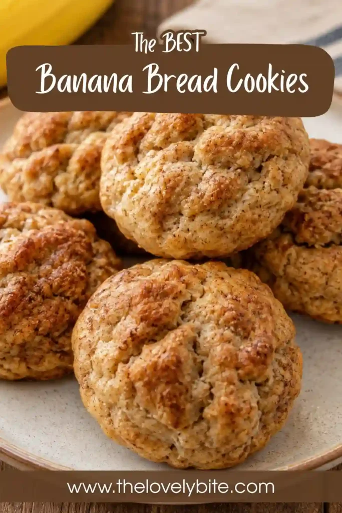 Freshly baked Banana Bread Cookies with golden edges and soft centers resting on a cooling rack. The cookies are made with ripe bananas and cinnamon for a cozy homemade dessert.
