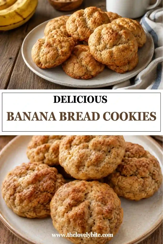 A stack of thick Banana Bread Cookies showcasing their soft texture and rich banana flavor. These homemade banana cookies are perfect for dessert or afternoon snacks.
