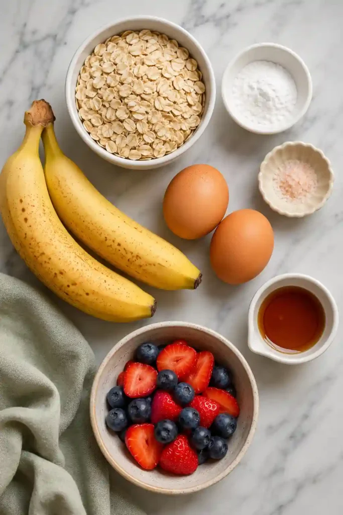 Fluffy Banana Oat Pancakes stacked on a white plate and topped with fresh berries and maple syrup. This healthy flourless breakfast is made with oats, bananas, and eggs.