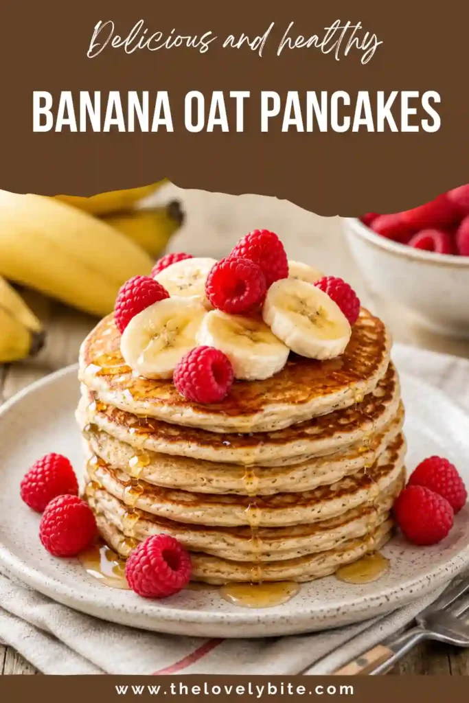 Healthy Banana Oat Pancakes cooked until golden brown and served with fresh fruit. These naturally sweet flourless pancakes make an easy breakfast.