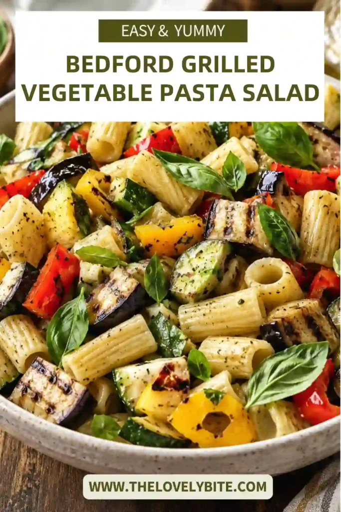Colorful grilled vegetable pasta salad tossed with honey Dijon dressing and fresh basil.