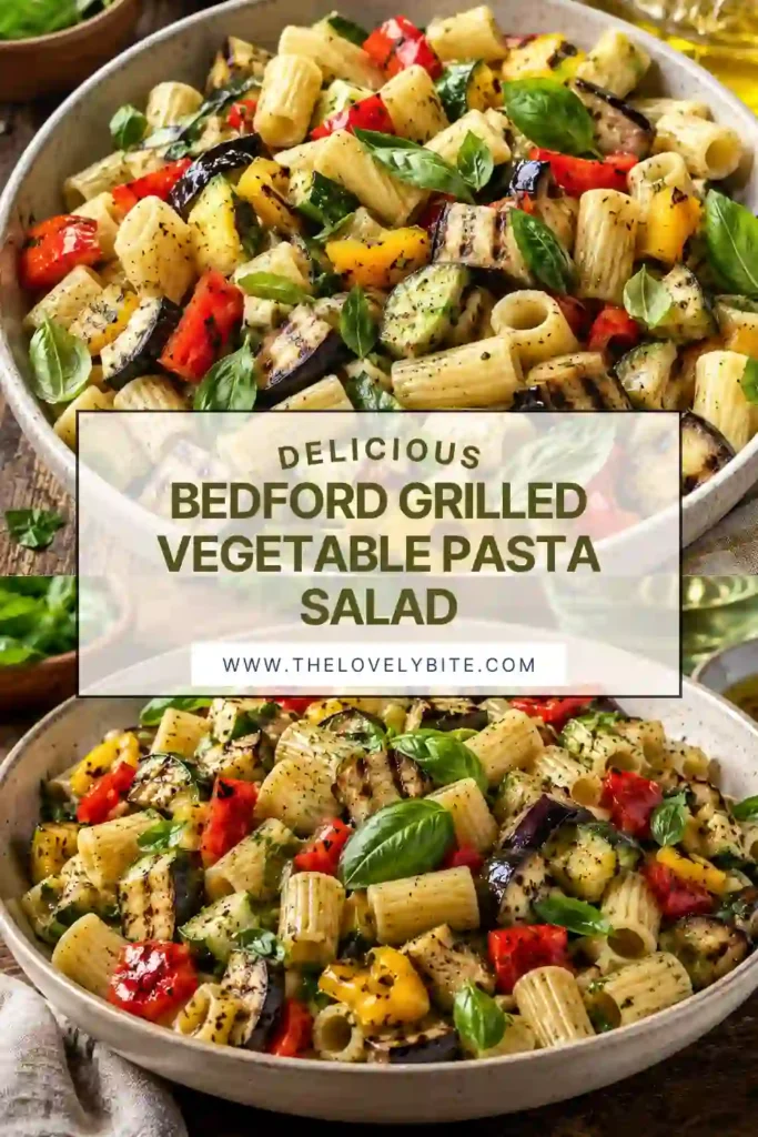 Homemade Bedford Grilled Vegetable Pasta Salad served in a large bowl with grilled vegetables and fresh herbs.