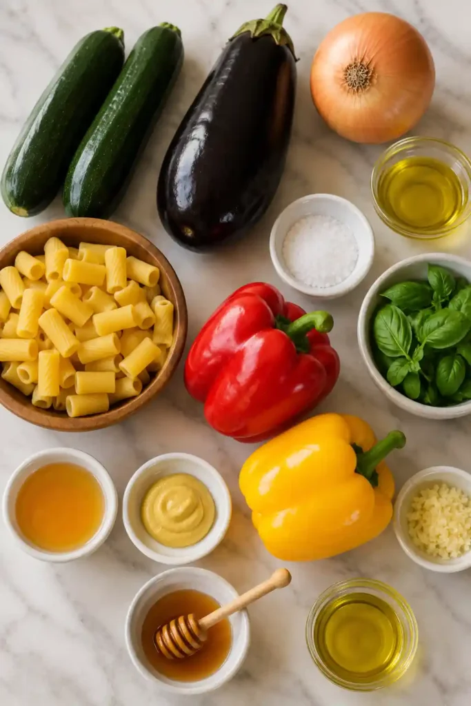 Fresh summer pasta salad featuring grilled vegetables, basil, and a light homemade vinaigrette.