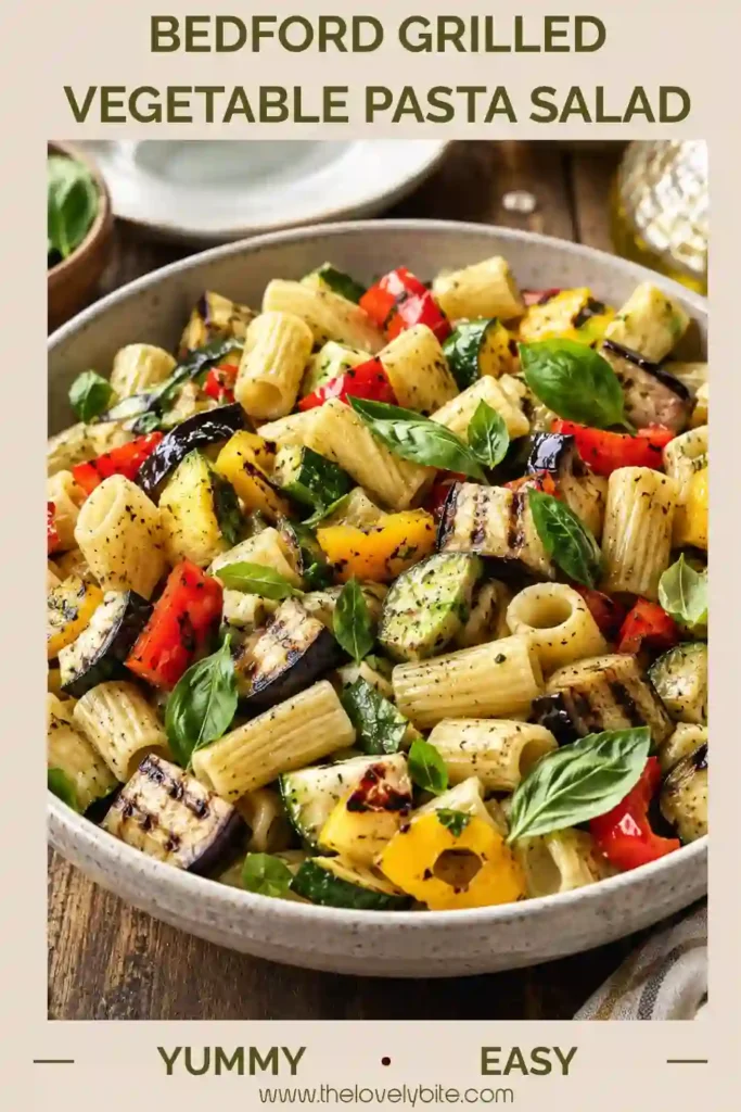 Bedford Grilled Vegetable Pasta Salad with grilled zucchini, peppers, eggplant, onions, basil, and rigatoni pasta.