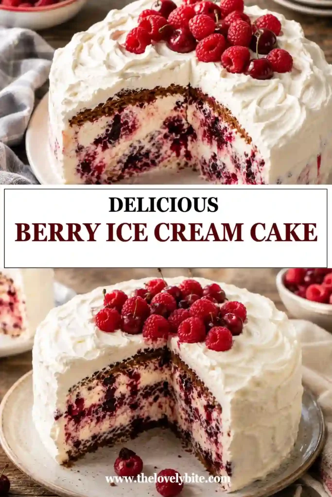 Berry Ice Cream Cake topped with fresh strawberries, raspberries, and whipped cream on a serving platter. The frozen vanilla cake layers are filled with creamy berry ice cream and cherry jam.