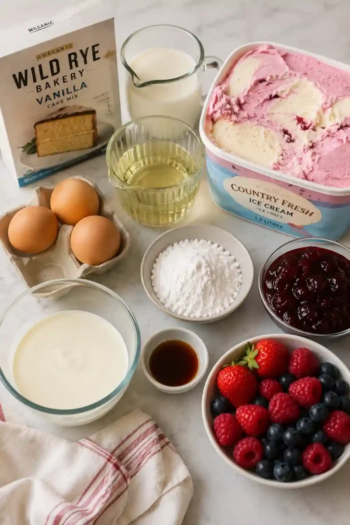 Layered Berry Ice Cream Cake featuring vanilla cake, berry ice cream, cherry jam, and fluffy whipped cream. This refreshing dessert is served chilled with fresh berries.