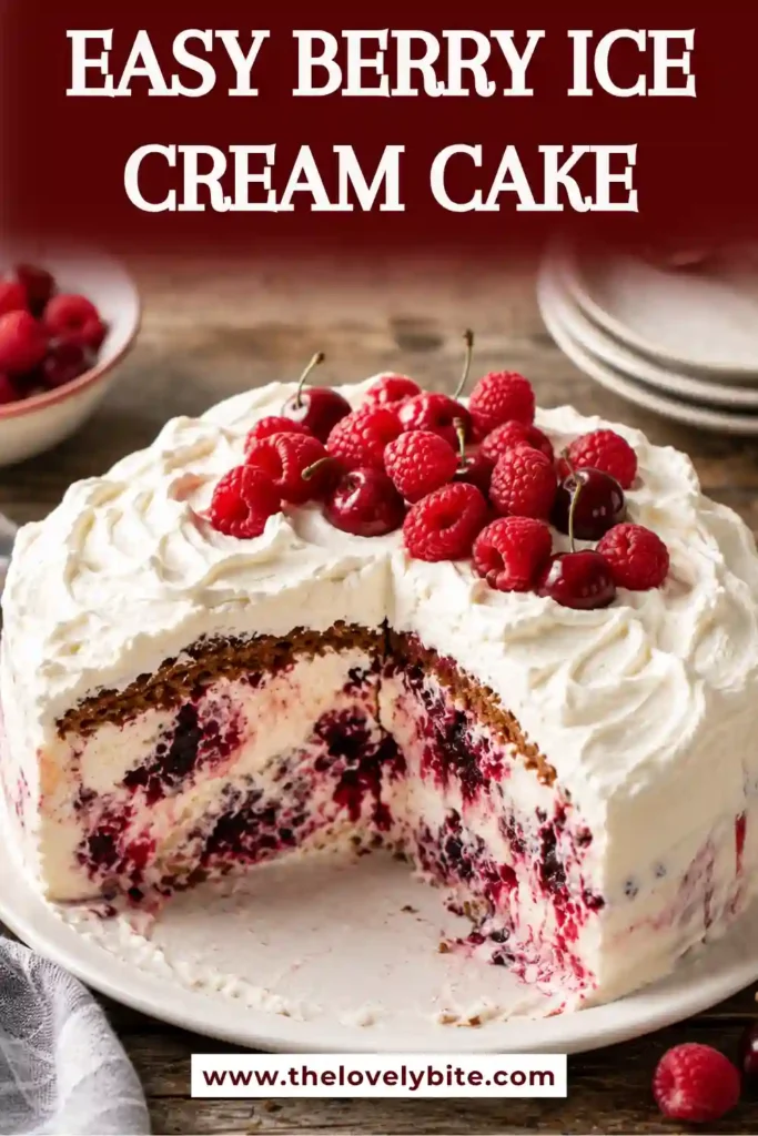 A slice of homemade Berry Ice Cream Cake showing soft vanilla cake, creamy ice cream filling, and fresh berry topping. This easy frozen dessert is perfect for summer gatherings.