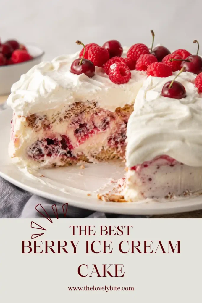 Beautiful Berry Ice Cream Cake decorated with whipped cream swirls and fresh mixed berries. A colorful frozen dessert ideal for birthdays and celebrations.