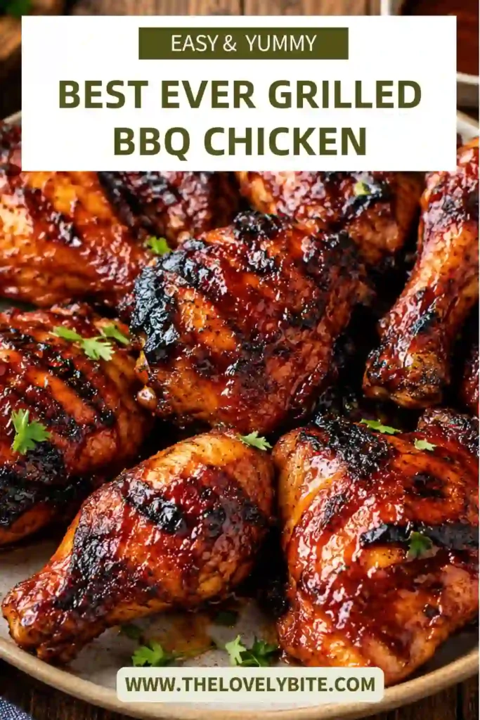 Homemade grilled barbecue chicken featuring crispy skin, smoky seasoning, and rich barbecue glaze.