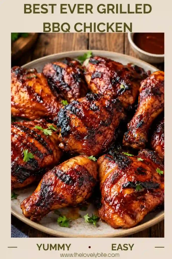 Juicy grilled BBQ chicken thighs and drumsticks glazed with smoky barbecue sauce on an outdoor grill.
