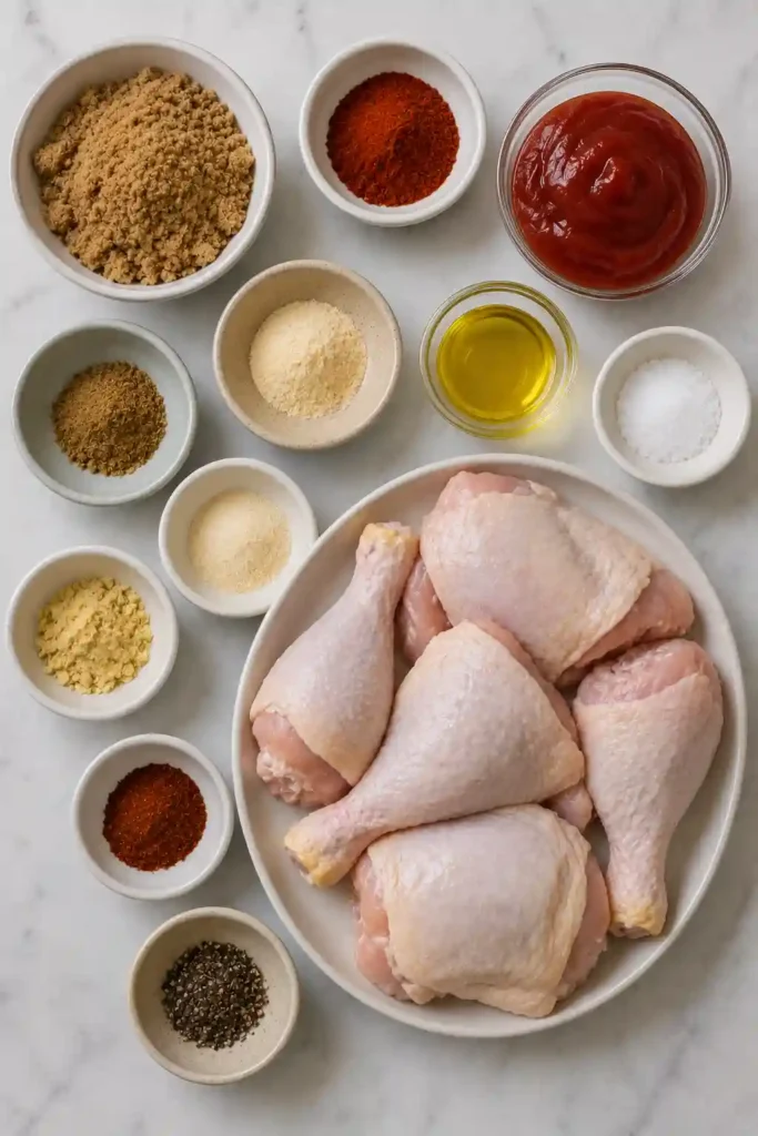 Freshly grilled BBQ chicken served with extra barbecue sauce and chopped parsley.
