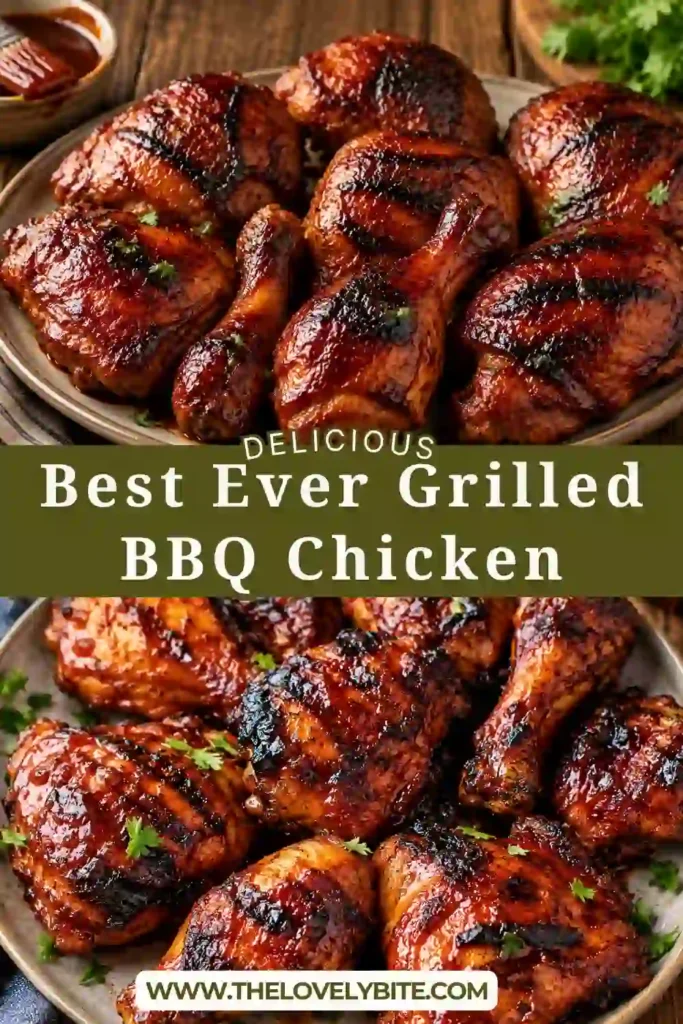 Best-Ever Grilled BBQ Chicken with caramelized barbecue sauce and crispy skin served on a wooden platter.