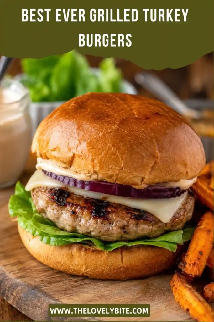1. Juicy grilled turkey burgers with beautiful grill marks served on toasted brioche buns with lettuce, tomato, and onion.