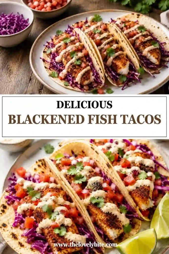 Blackened Fish Tacos made with flaky seasoned cod served in warm corn tortillas with shredded cabbage, creamy fish taco sauce, and fresh pico de gallo. This easy seafood dinner is colorful, fresh, and full of bold flavor.