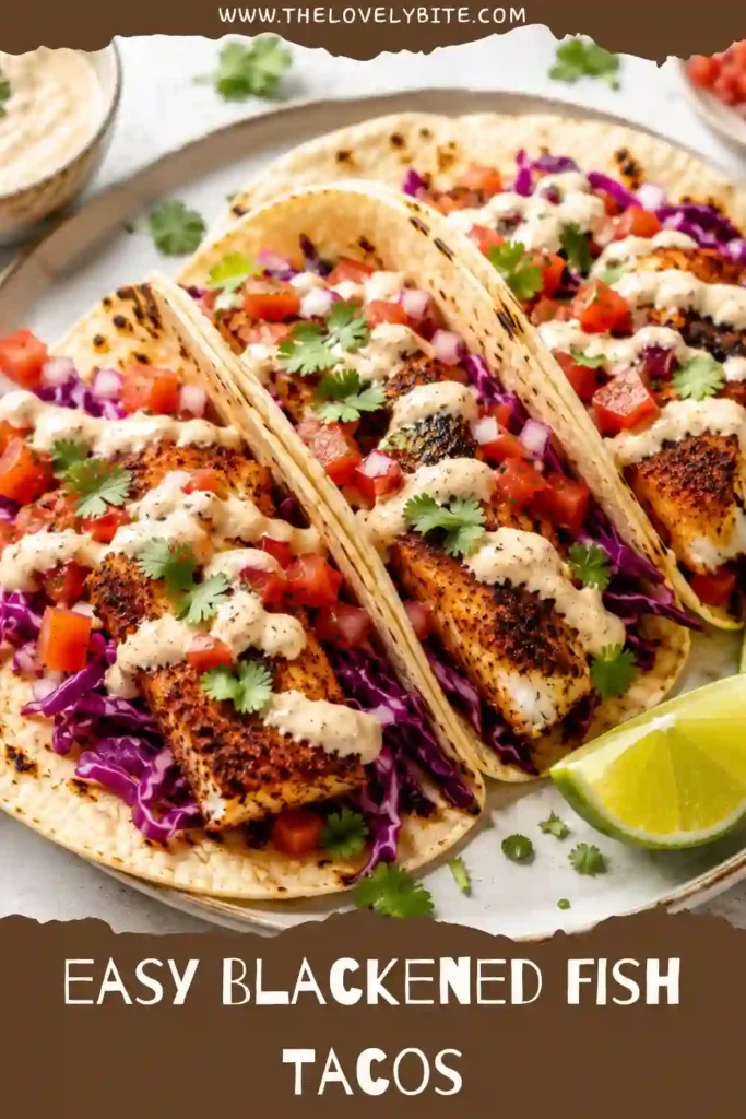 Close-up of homemade Blackened Fish Tacos topped with crunchy cabbage, fresh pico de gallo, and creamy lime sauce. These cod fish tacos are perfect for taco night.